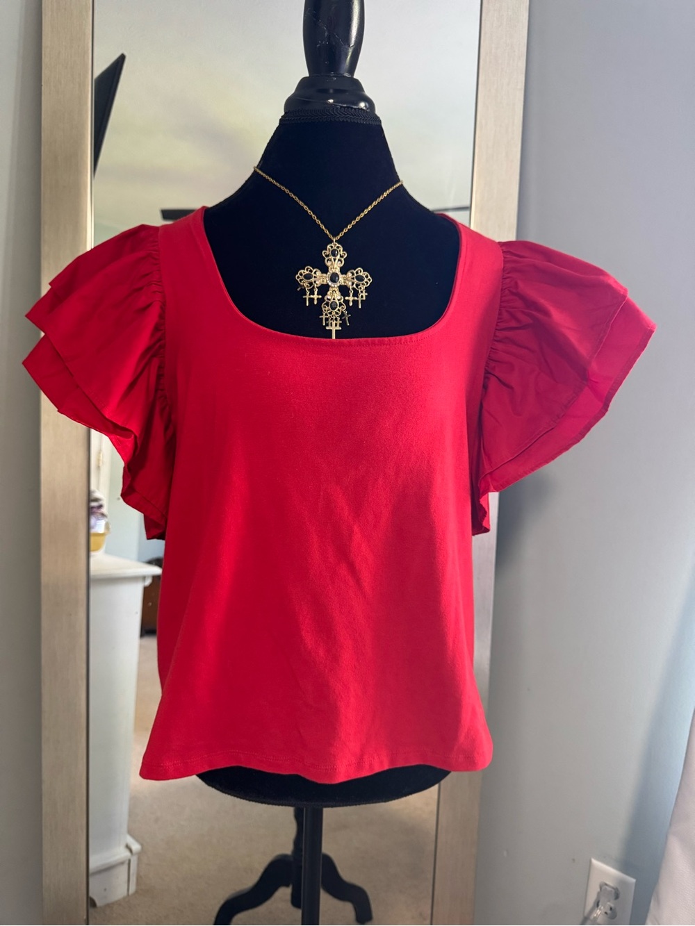 A New Day Red Ruffled Short Sleeve Square Neck Blouse in Red
